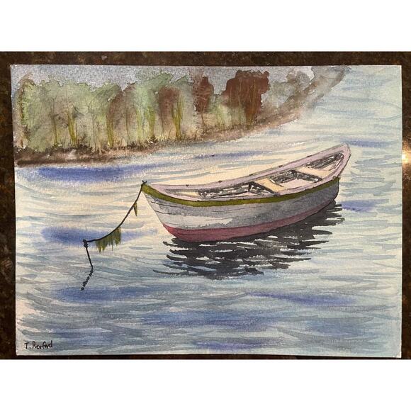 Hand painted watercolor of a boat in the harbor 12x9” - Picture 1 of 1